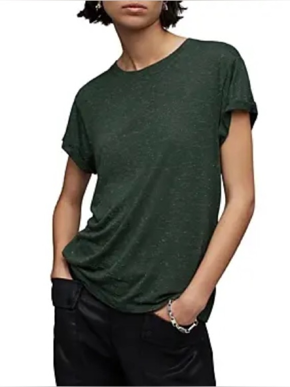 AllSaints Anna Green Metallic Speckled T-Shirt Women’s US 2 UK 6 Crew Neck